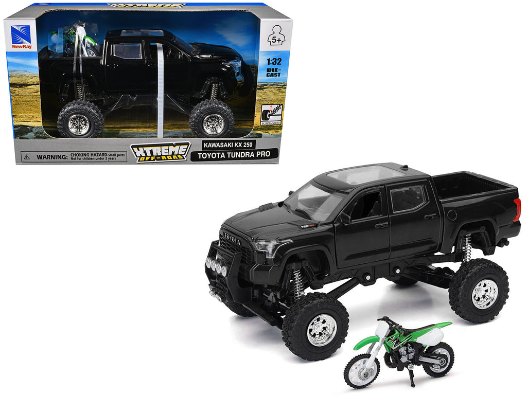 Toyota Tundra Pro Pickup Truck Black and Kawasaki KX 250 Motorcycle Green and White 'Xtreme Off-Road' Series 1/32 Diecast Models by New Ray