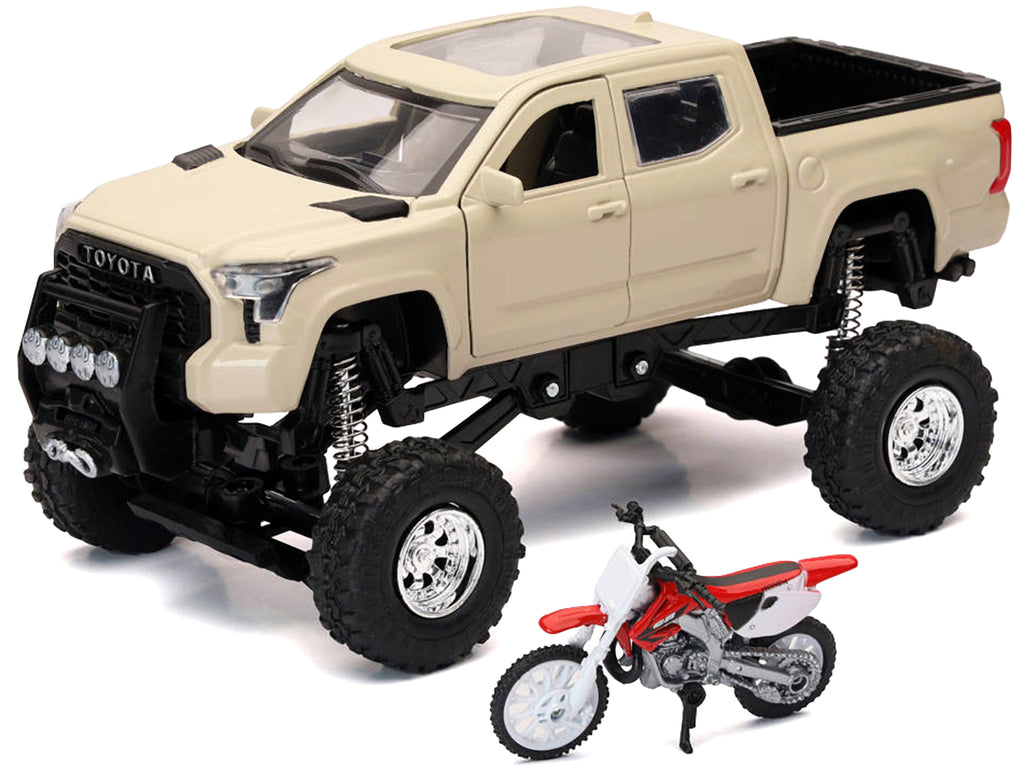 Toyota Tundra Pro Pickup Truck Tan and Honda CR250R Motorcycle Red and White 'Xtreme Off-Road' Series 1/32 Diecast Models by New Ray