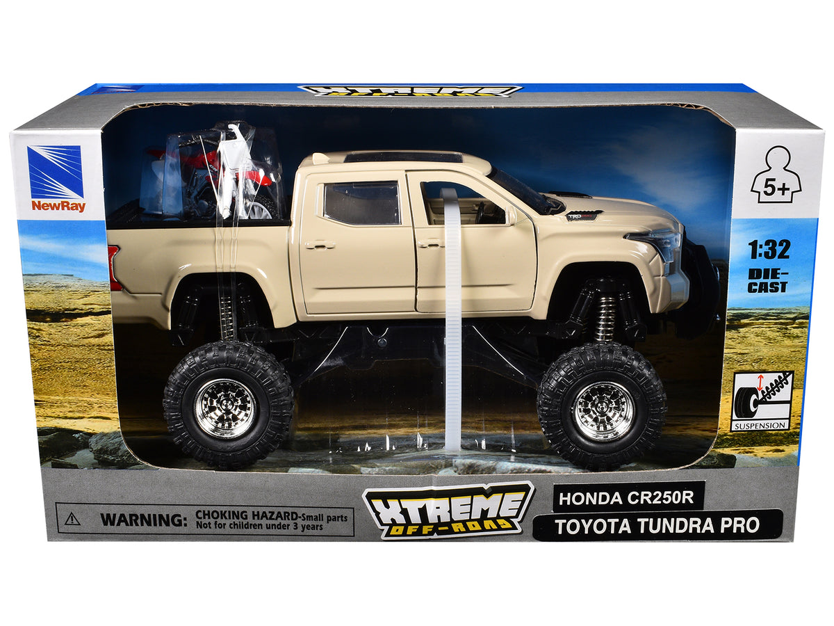 Toyota Tundra Pro Pickup Truck Tan and Honda CR250R Motorcycle Red and White 'Xtreme Off-Road' Series 1/32 Diecast Models by New Ray