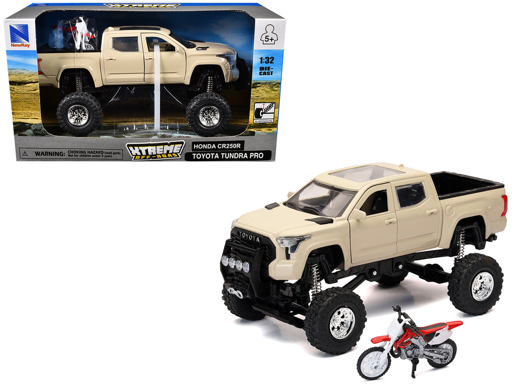 Toyota Tundra Pro Pickup Truck Tan and Honda CR250R Motorcycle Red and White 'Xtreme Off-Road' Series 1/32 Diecast Models by New Ray