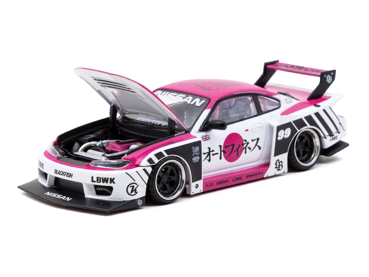Nissan Silvia (S15) LB-Super Silhouette RHD (Right Hand Drive) #99 'Auto Finesse' White with Pink Top and Graphics 'Hobby43' Series 1/43 Diecast Model Car by Tarmac Works