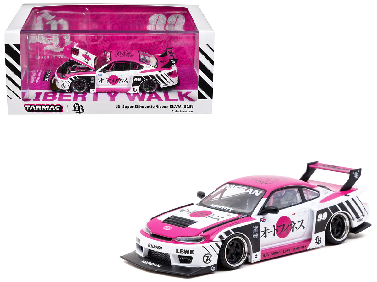 Nissan Silvia (S15) LB-Super Silhouette RHD (Right Hand Drive) #99 'Auto Finesse' White with Pink Top and Graphics 'Hobby43' Series 1/43 Diecast Model Car by Tarmac Works
