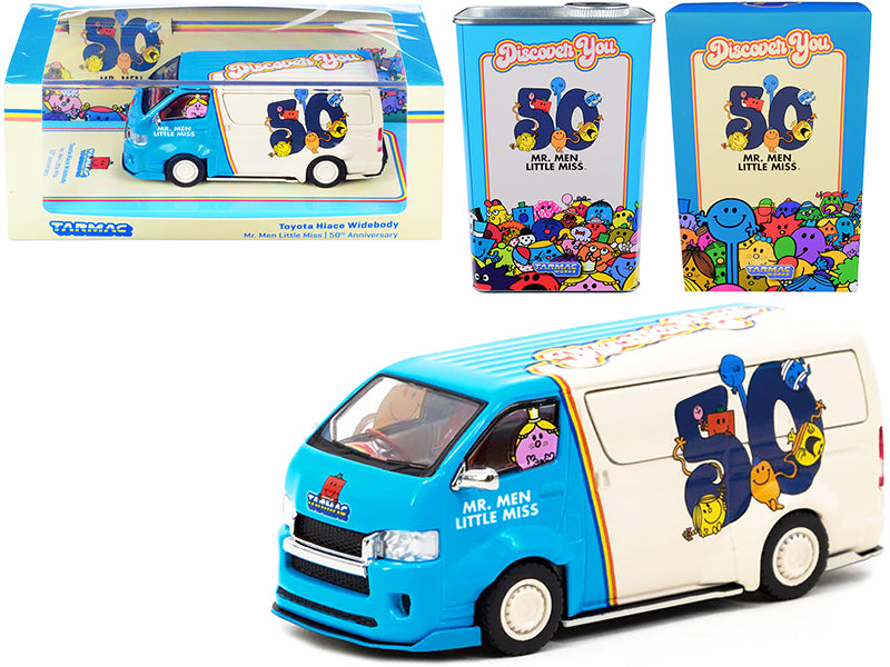 Toyota Hiace Widebody Van 'Mr. Men Little Miss 50th Anniversary' (1971-2021) with METAL OIL CAN 1/64 Diecast Model Car by Tarmac Works