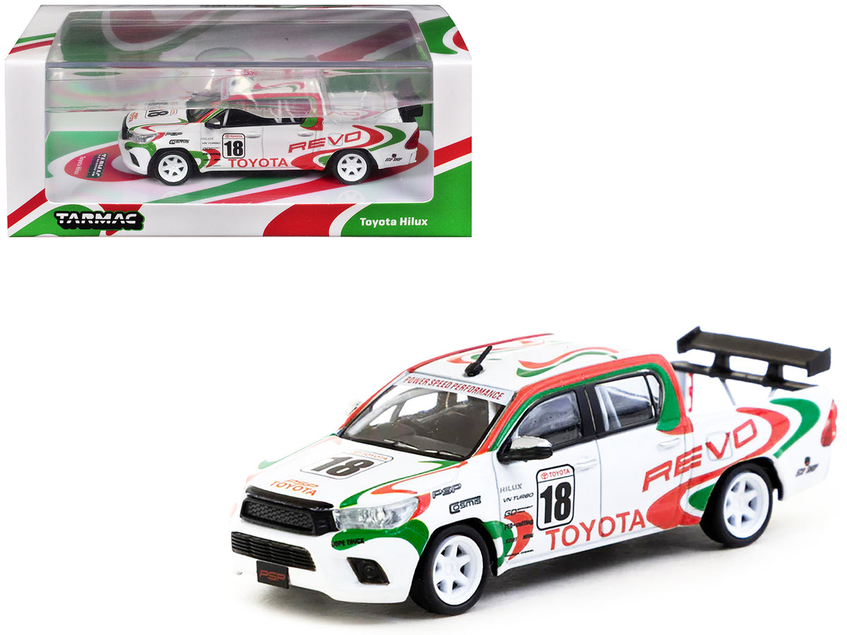 Toyota Hilux Pickup Truck RHD (Right Hand Drive) #18 White with Red and Green Graphics 'Hobby64' Series 1/64 Diecast Model Car by Tarmac Works