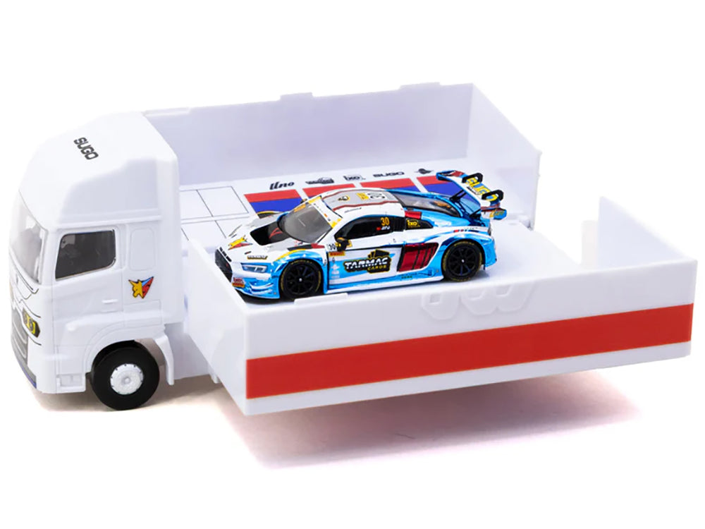 Audi R8 LMS GT3 evo II #30 James Yu 'Uno Racing Team' 'Macau GT Cup - FIA GT World Cup' (2024) with Plastic Transporter Packaging and Collectible Tarmac Cards 'Hobby64' Series 1/64 Diecast Model Car by Tarmac Works