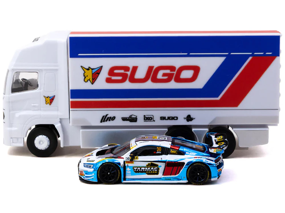 Audi R8 LMS GT3 evo II #30 James Yu 'Uno Racing Team' 'Macau GT Cup - FIA GT World Cup' (2024) with Plastic Transporter Packaging and Collectible Tarmac Cards 'Hobby64' Series 1/64 Diecast Model Car by Tarmac Works