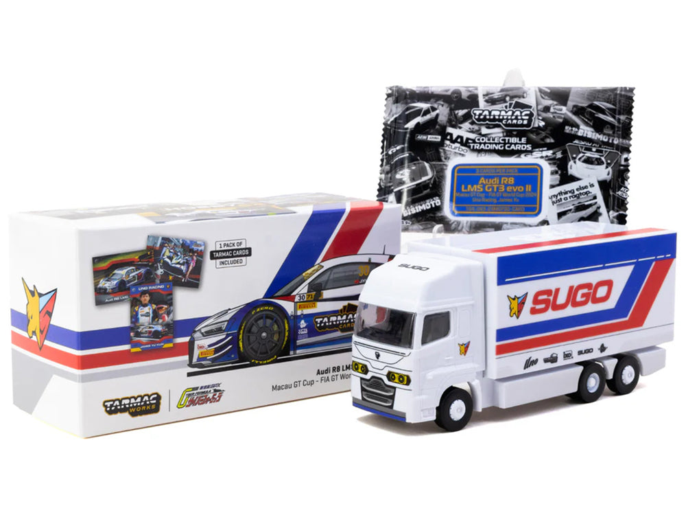 Audi R8 LMS GT3 evo II #30 James Yu 'Uno Racing Team' 'Macau GT Cup - FIA GT World Cup' (2024) with Plastic Transporter Packaging and Collectible Tarmac Cards 'Hobby64' Series 1/64 Diecast Model Car by Tarmac Works