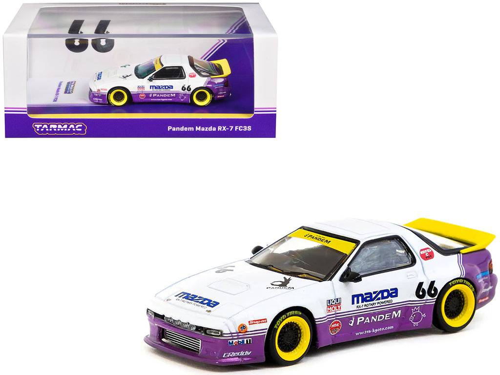 Mazda RX-7 FC3S Pandem RHD (Right Hand Drive) #66 White and Purple with Graphics 'Hobby64' Series 1/64 Diecast Model Car by Tarmac Works