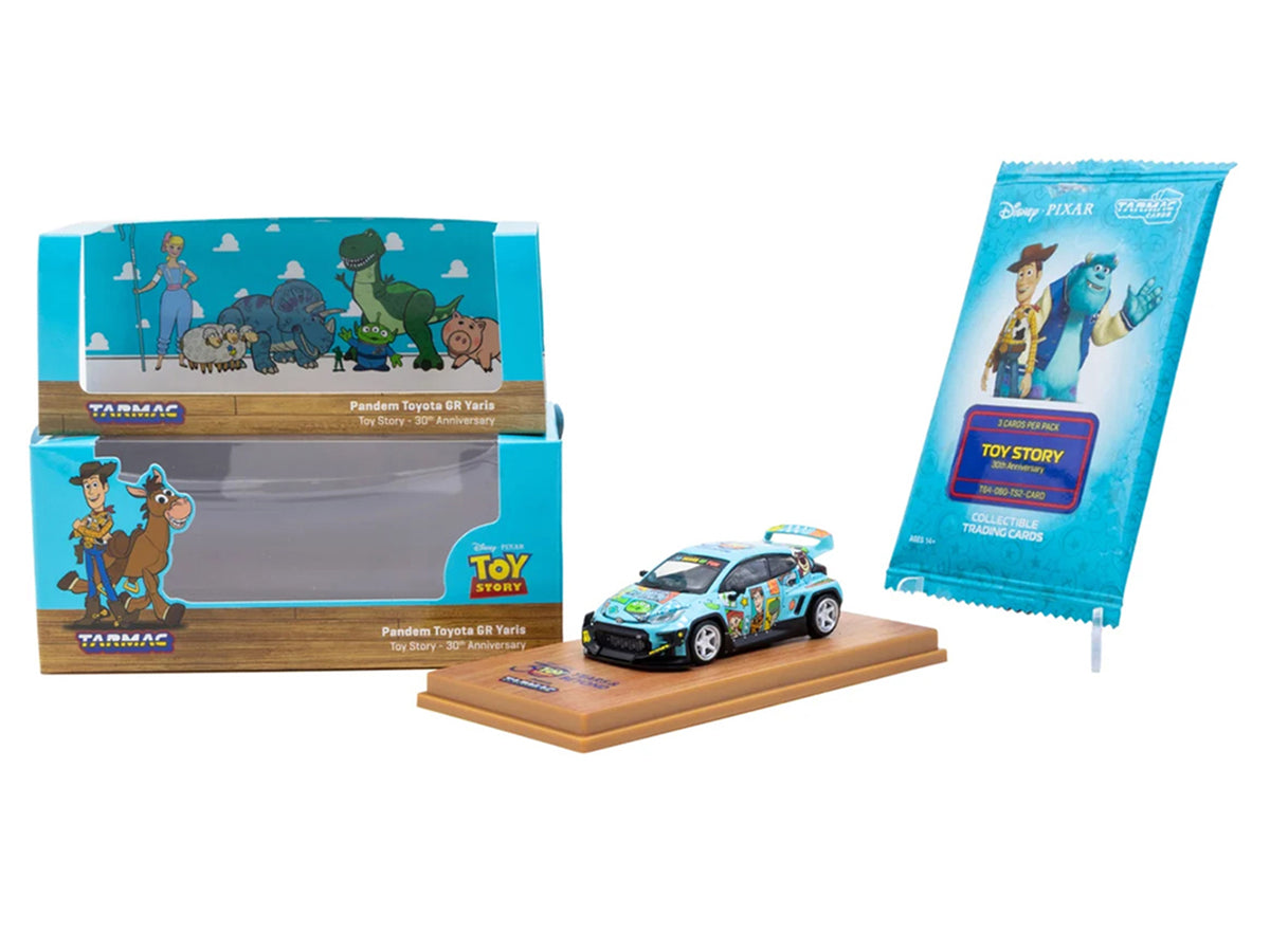 Toyota Pandem GR Yaris RHD (Right Hand Drive) 'Toy Story 30th Anniversary' Blue with Graphics with Tarmac Cards 'Hobby64' Series 1/64 Diecast Model by Tarmac Works