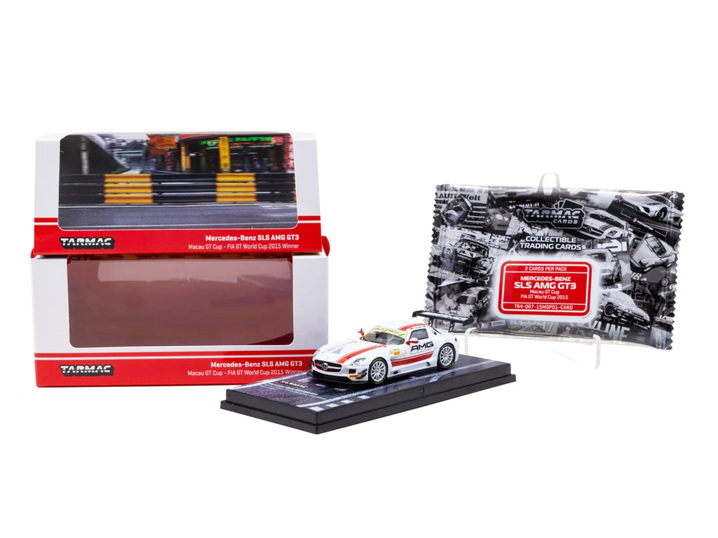 Mercedes-Benz SLS AMG GT3 #1 Maro Engel Winner 'Macau GT Cup - FIA GT World Cup' (2015) with Tarmac Cards 'Hobby64' Series 1/64 Diecast Model Car by Tarmac Works