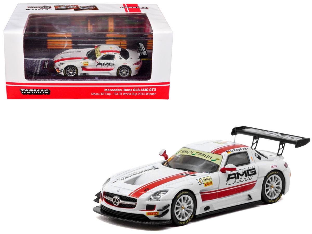 Mercedes-Benz SLS AMG GT3 #1 Maro Engel Winner 'Macau GT Cup - FIA GT World Cup' (2015) with Tarmac Cards 'Hobby64' Series 1/64 Diecast Model Car by Tarmac Works
