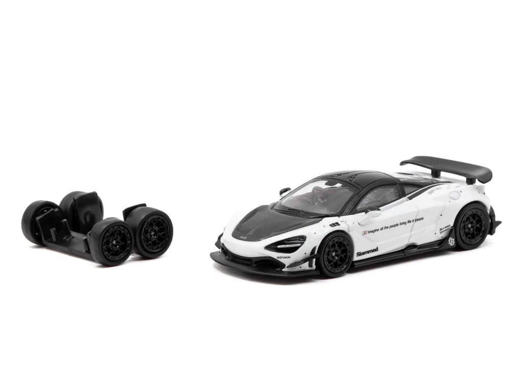 LB-Works 720S White with Carbon Hood and Black Top with Extra Wheels 'Hobby64' Series 1/64 Diecast Model Car by Tarmac Works