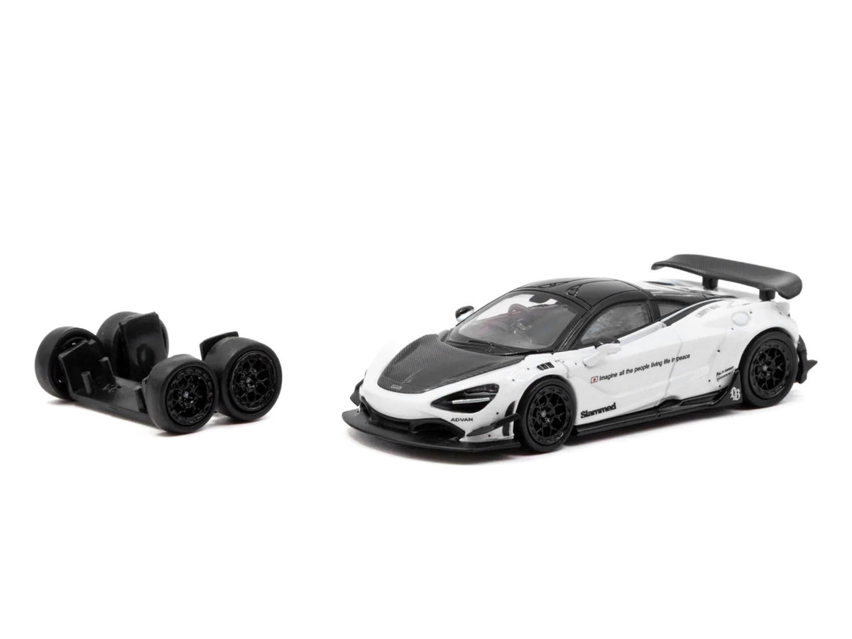 LB-Works 720S White with Carbon Hood and Black Top with Extra Wheels 'Hobby64' Series 1/64 Diecast Model Car by Tarmac Works