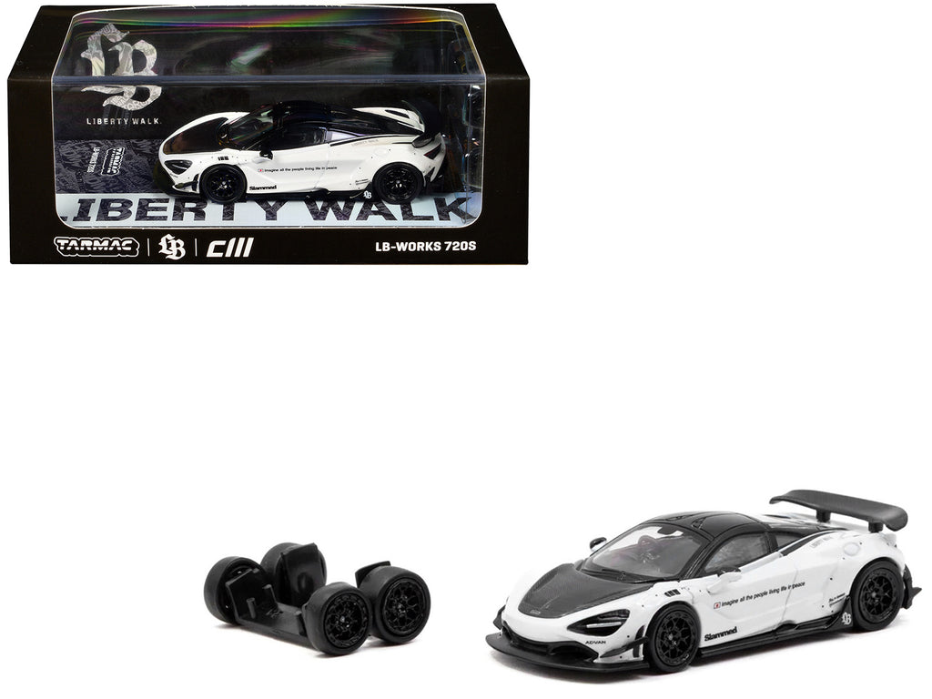 LB-Works 720S White with Carbon Hood and Black Top with Extra Wheels 'Hobby64' Series 1/64 Diecast Model Car by Tarmac Works