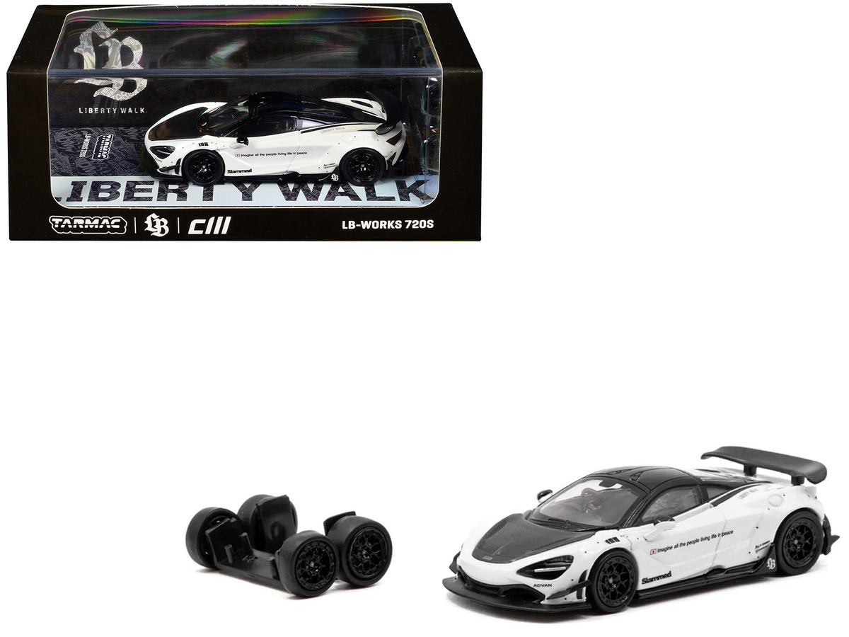 LB-Works 720S White with Carbon Hood and Black Top with Extra Wheels 'Hobby64' Series 1/64 Diecast Model Car by Tarmac Works