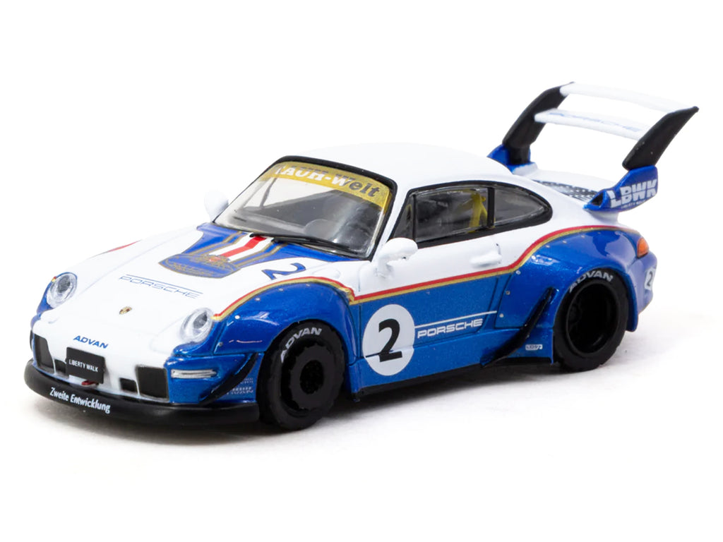 RWB 993 #2 'Liberty Walk' White and Blue Metallic with Container Packaging 'Hobby64' Series 1/64 Diecast Model Car by Tarmac Works