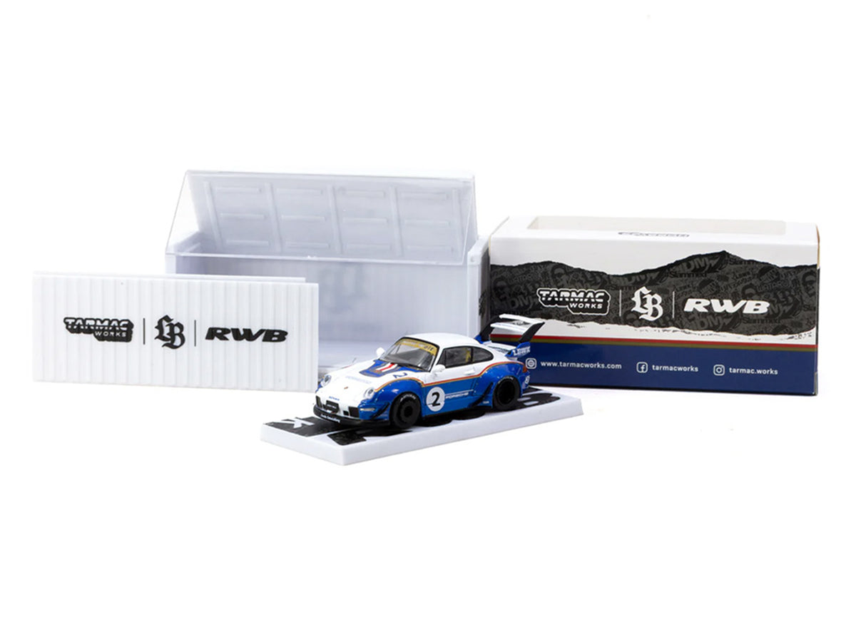 RWB 993 #2 'Liberty Walk' White and Blue Metallic with Container Packaging 'Hobby64' Series 1/64 Diecast Model Car by Tarmac Works