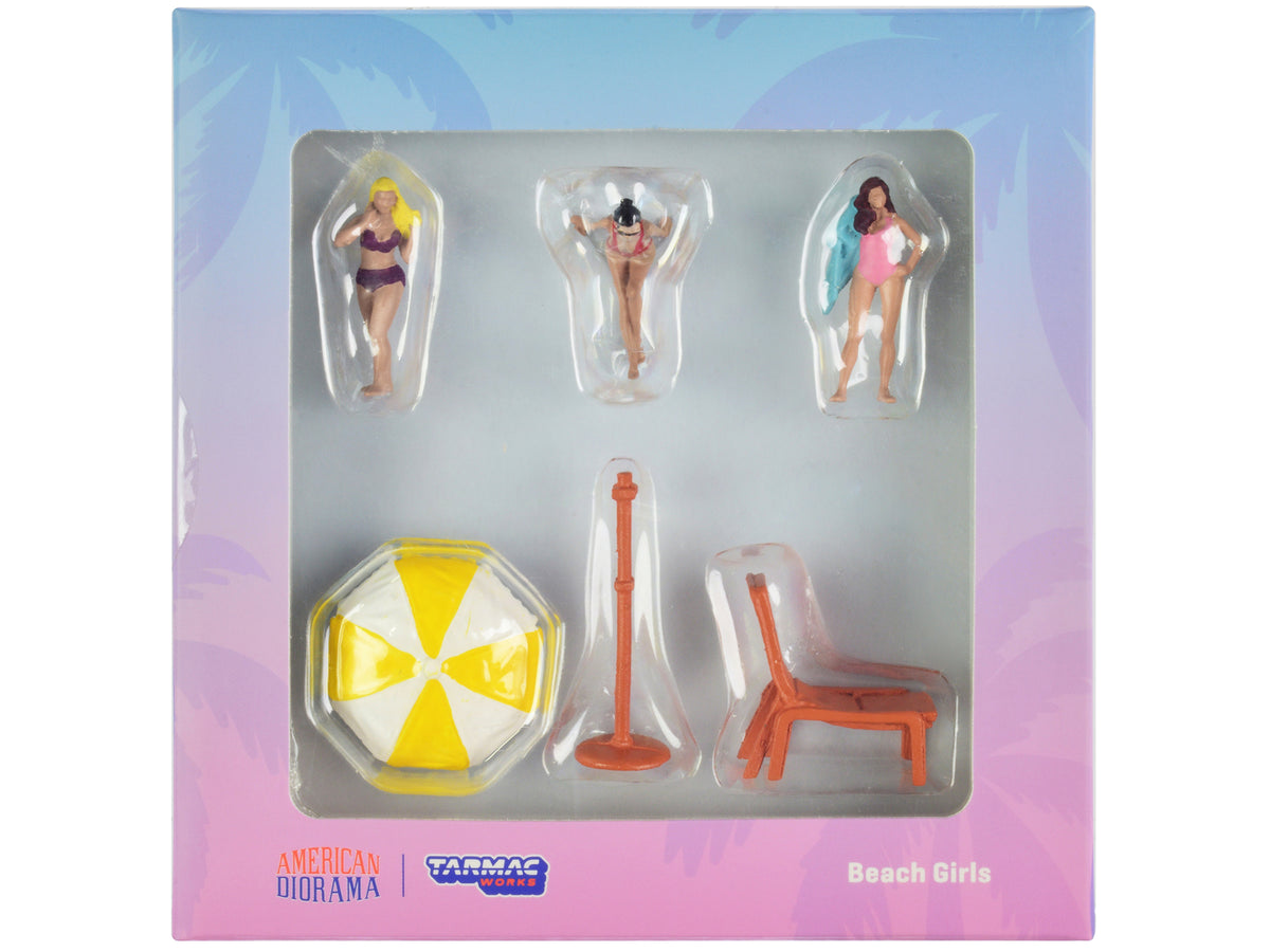 'Beach Girls' 5 piece Diecast Figure Set (3 Female Figures and 2 Beach Accessories) for 1/64 Scale Models by Tarmac Works & American Diorama