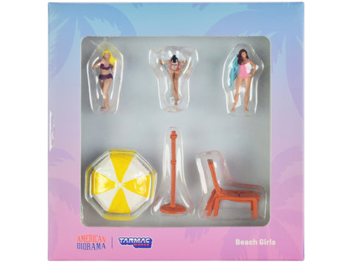 'Beach Girls' 5 piece Diecast Figure Set (3 Female Figures and 2 Beach Accessories) for 1/64 Scale Models by Tarmac Works & American Diorama