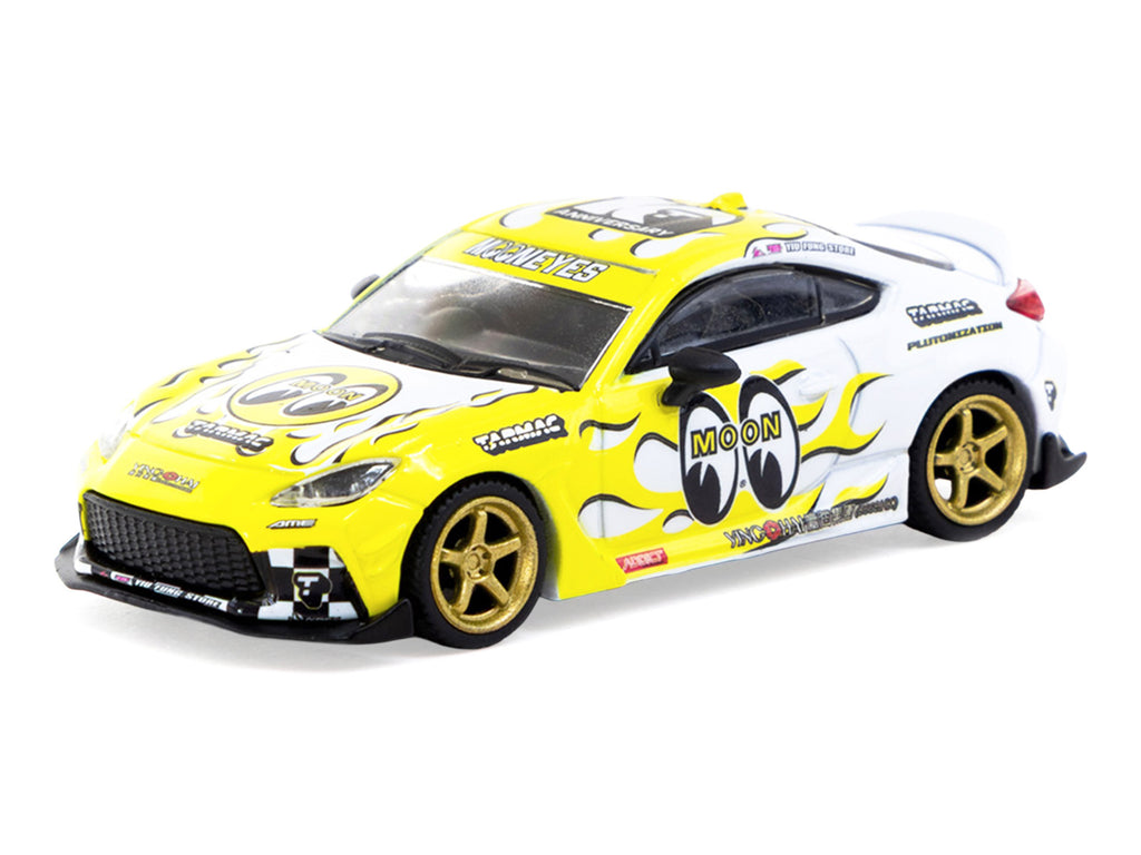 Toyota GR86 RHD (Right Hand Drive) 'MoonEyes' White with Yellow Flames and Graphics 'Global64' Series 1/64 Diecast Model by Tarmac Works
