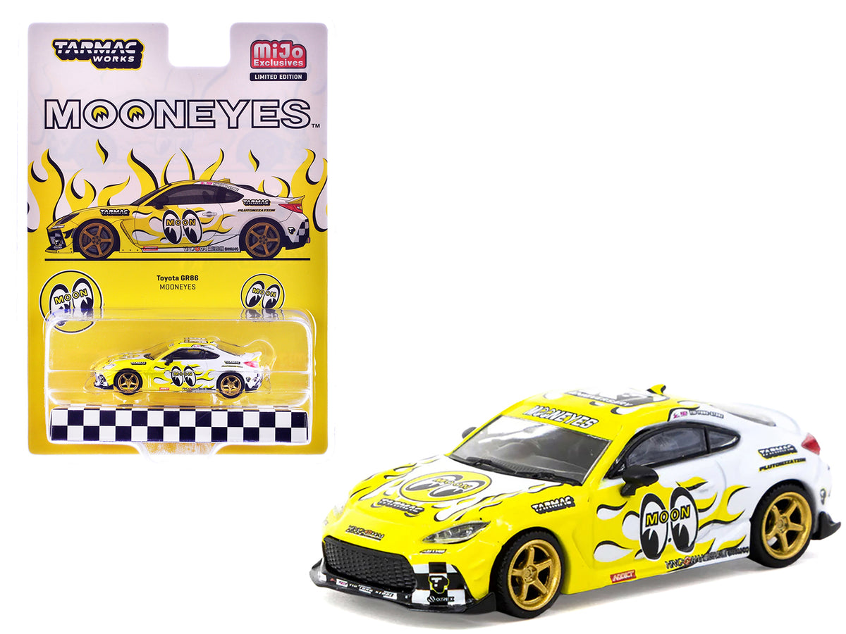 Toyota GR86 RHD (Right Hand Drive) 'MoonEyes' White with Yellow Flames and Graphics 'Global64' Series 1/64 Diecast Model by Tarmac Works