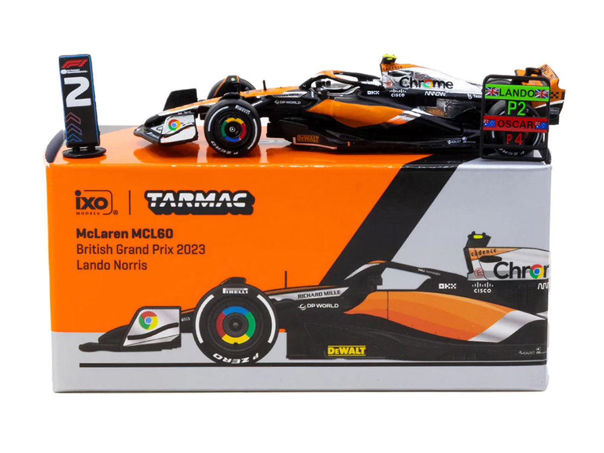 McLaren MCL60 #4 Lando Norris 2nd Place Formula One F1 'British GP' (2023) with Pitboards 'Global64' Series 1/64 Diecast Model Car by Tarmac Works