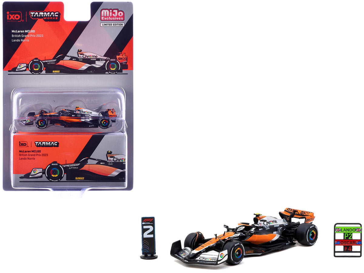 McLaren MCL60 #4 Lando Norris 2nd Place Formula One F1 'British GP' (2023) with Pitboards 'Global64' Series 1/64 Diecast Model Car by Tarmac Works