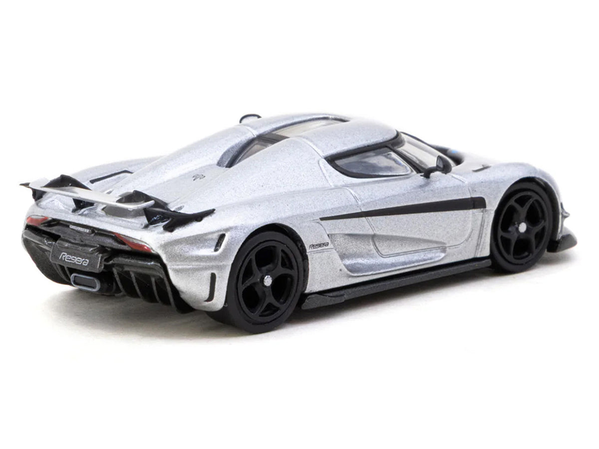 Koenigsegg Regera Silver Metallic with Blue Accents and Collectible Tarmac Cards 'Global64' Series 1/64 Diecast Model Car by Tarmac Works