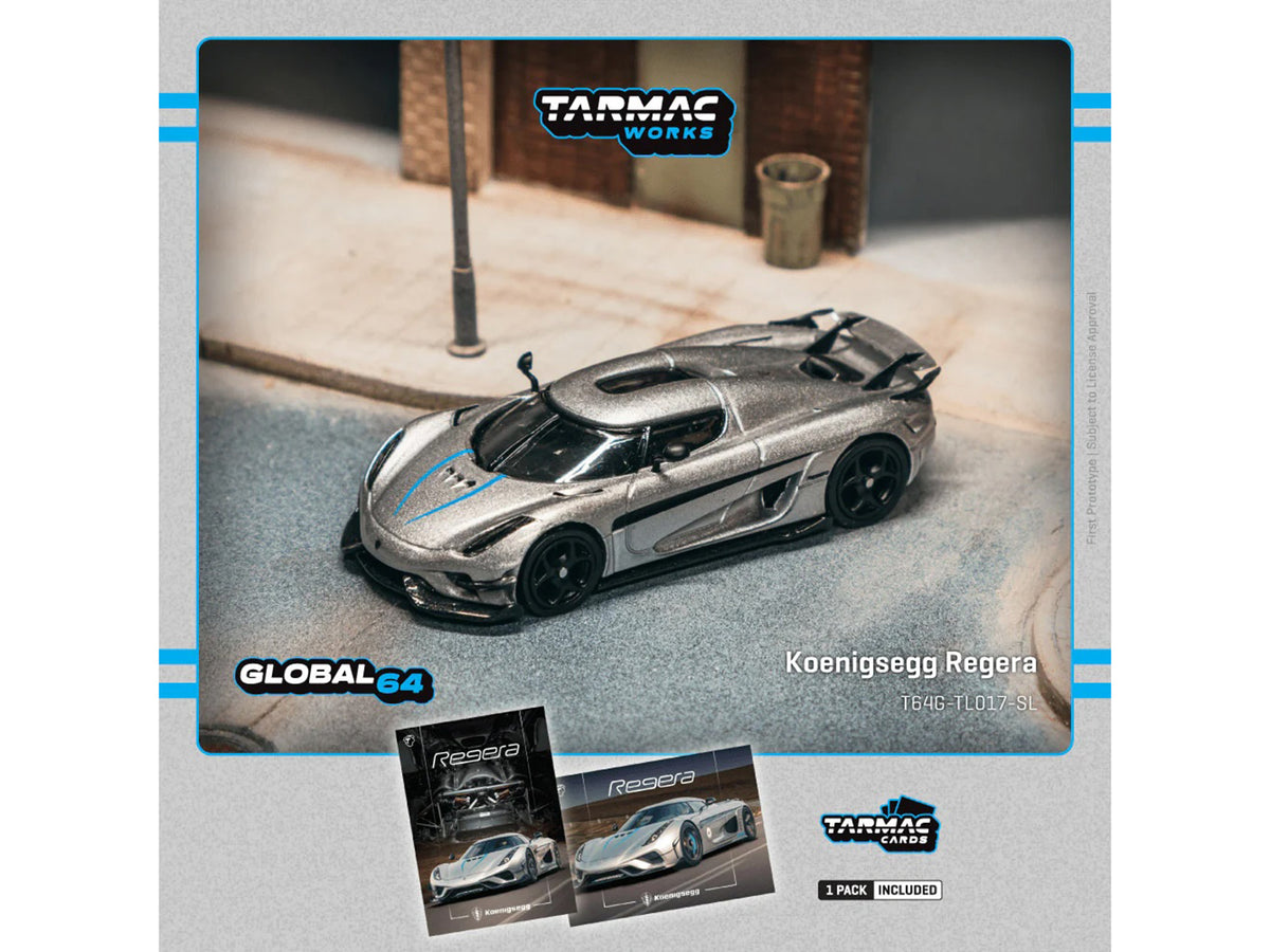 Koenigsegg Regera Silver Metallic with Blue Accents and Collectible Tarmac Cards 'Global64' Series 1/64 Diecast Model Car by Tarmac Works