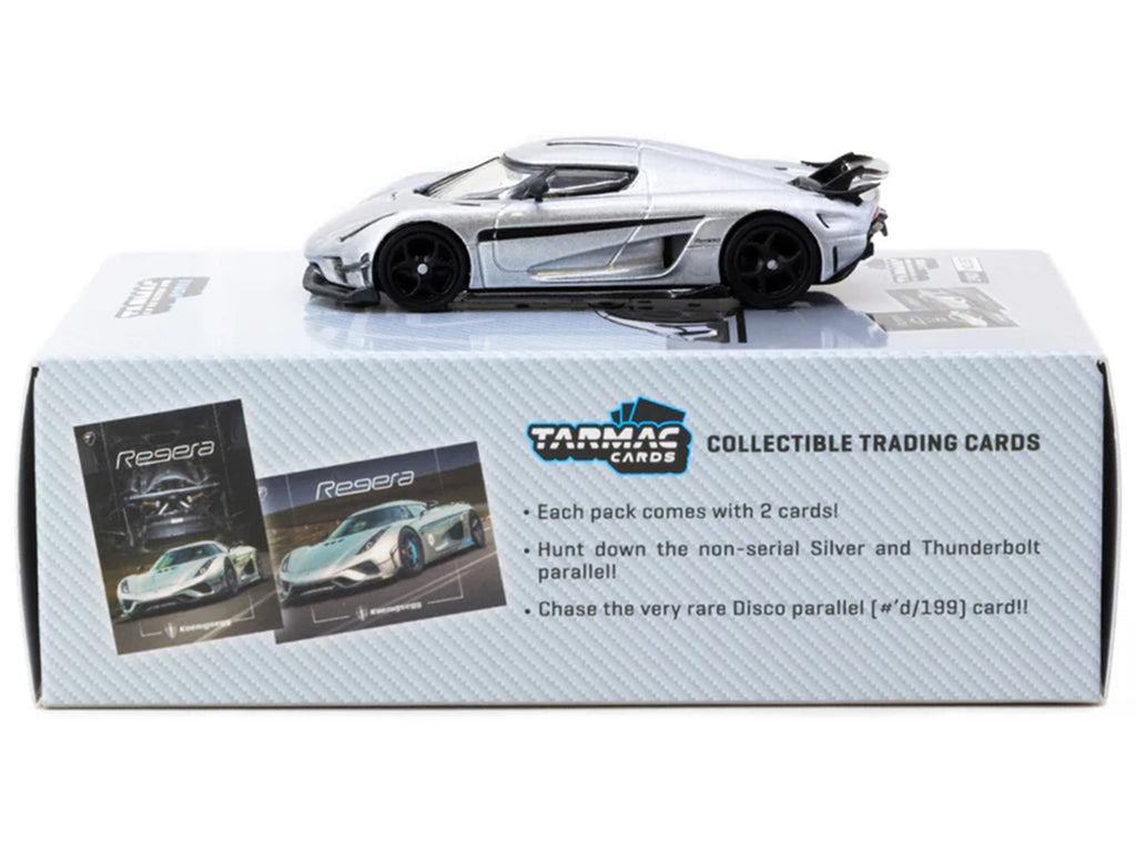 Koenigsegg Regera Silver Metallic with Blue Accents and Collectible Tarmac Cards 'Global64' Series 1/64 Diecast Model Car by Tarmac Works