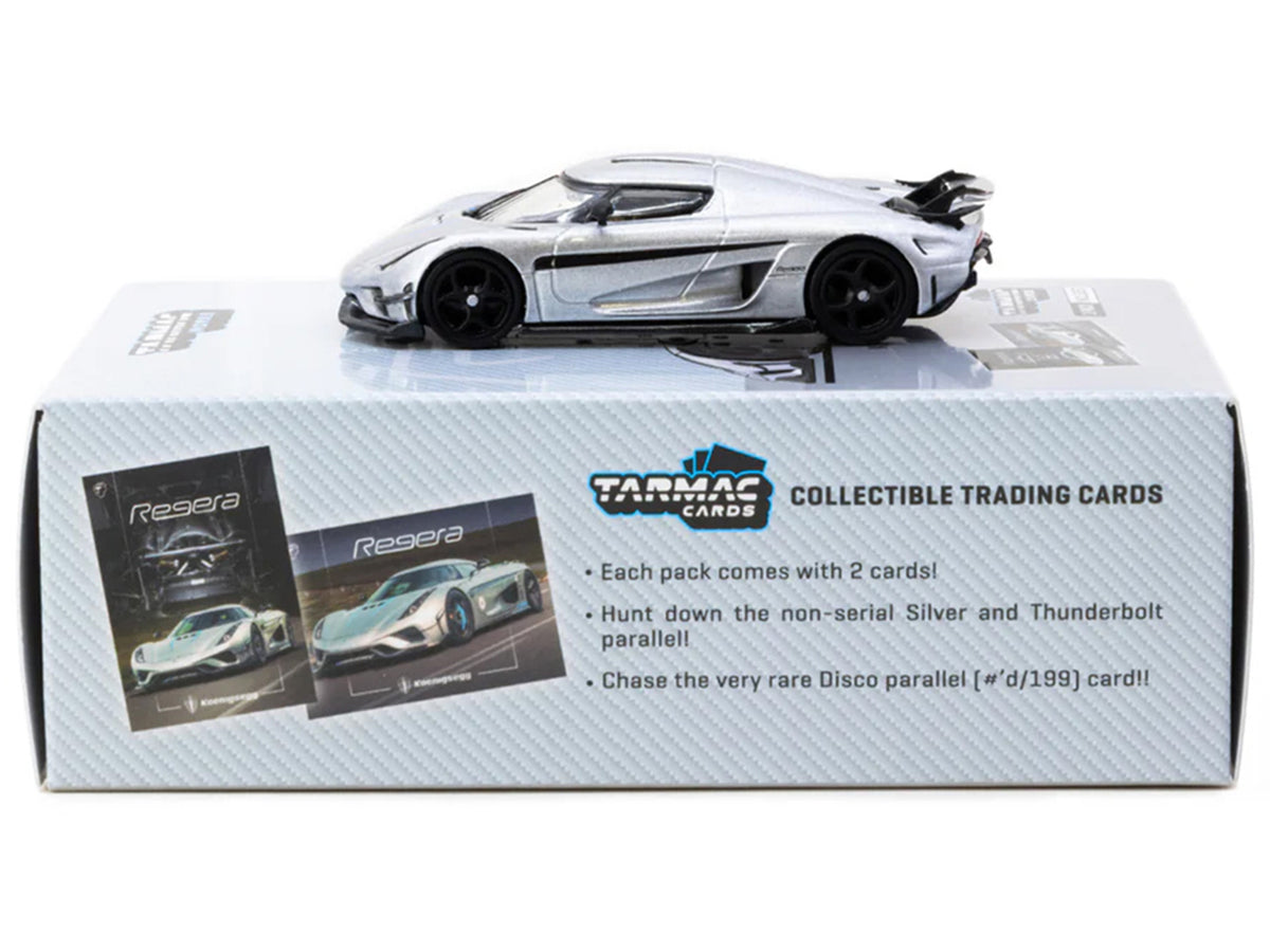 Koenigsegg Regera Silver Metallic with Blue Accents and Collectible Tarmac Cards 'Global64' Series 1/64 Diecast Model Car by Tarmac Works