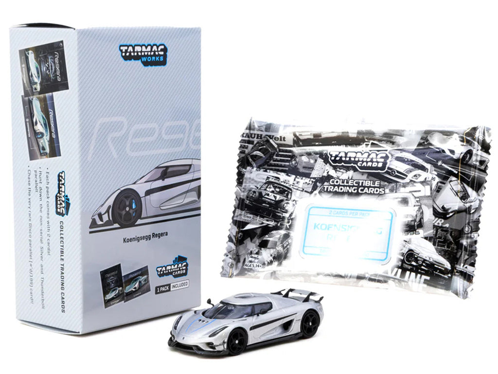 Koenigsegg Regera Silver Metallic with Blue Accents and Collectible Tarmac Cards 'Global64' Series 1/64 Diecast Model Car by Tarmac Works