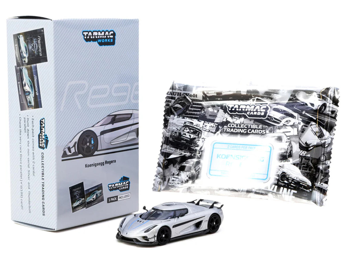 Koenigsegg Regera Silver Metallic with Blue Accents and Collectible Tarmac Cards 'Global64' Series 1/64 Diecast Model Car by Tarmac Works