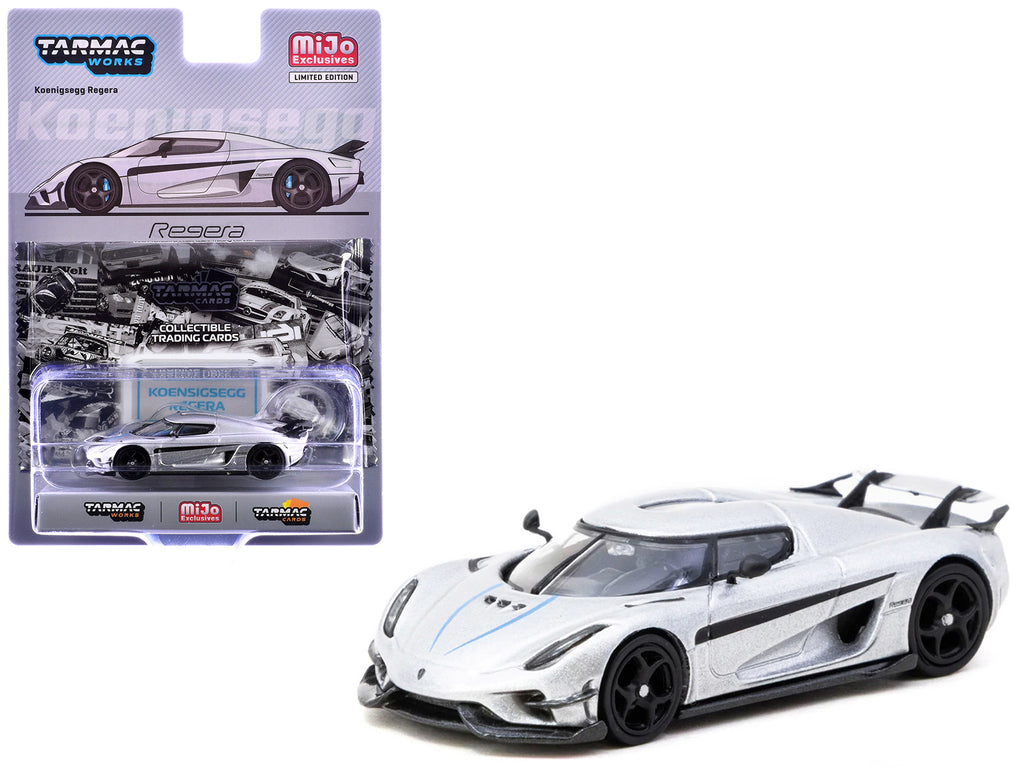 Koenigsegg Regera Silver Metallic with Blue Accents and Collectible Tarmac Cards 'Global64' Series 1/64 Diecast Model Car by Tarmac Works