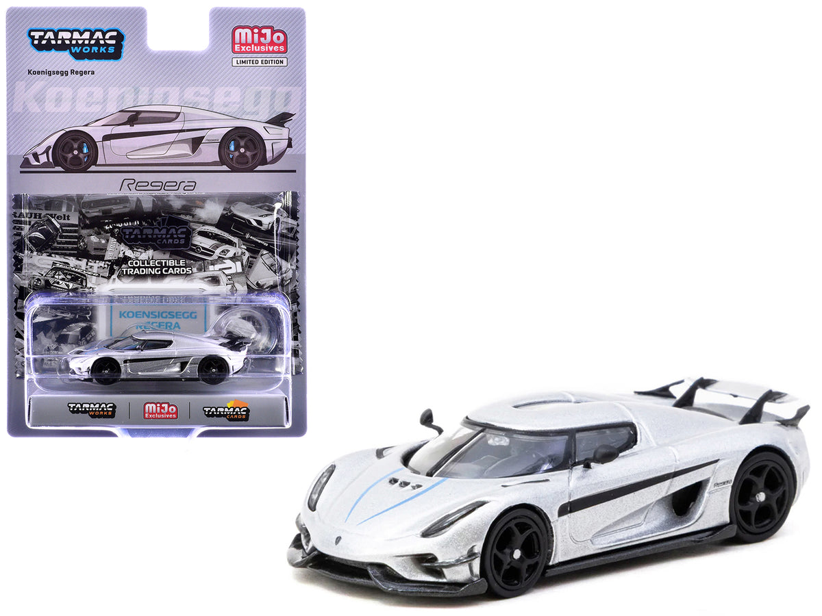 Koenigsegg Regera Silver Metallic with Blue Accents and Collectible Tarmac Cards 'Global64' Series 1/64 Diecast Model Car by Tarmac Works