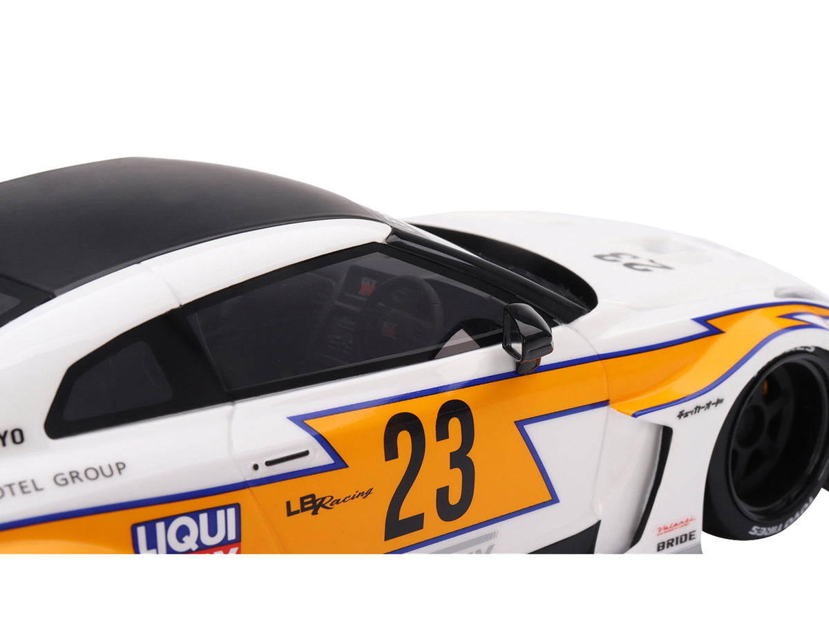 Nissan LB-Silhouette WORKS GT 35GT-RR Ver.1 RHD (Right Hand Drive) #23 White with Yellow Stripes 'LB Racing' 1/18 Model Car by Top Speed