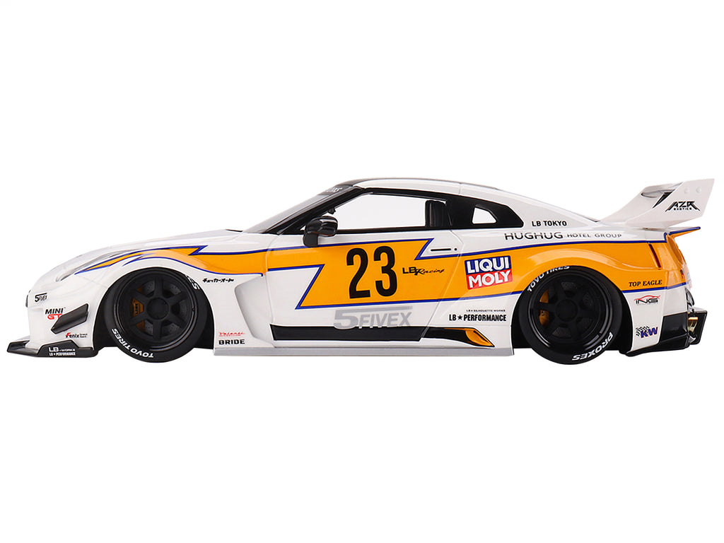 Nissan LB-Silhouette WORKS GT 35GT-RR Ver.1 RHD (Right Hand Drive) #23 White with Yellow Stripes 'LB Racing' 1/18 Model Car by Top Speed