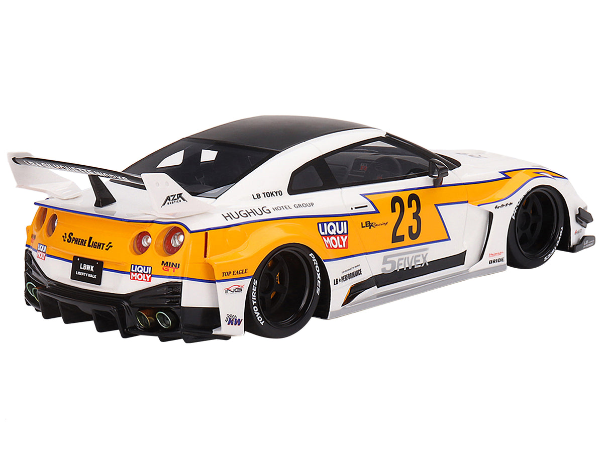 Nissan LB-Silhouette WORKS GT 35GT-RR Ver.1 RHD (Right Hand Drive) #23 White with Yellow Stripes 'LB Racing' 1/18 Model Car by Top Speed