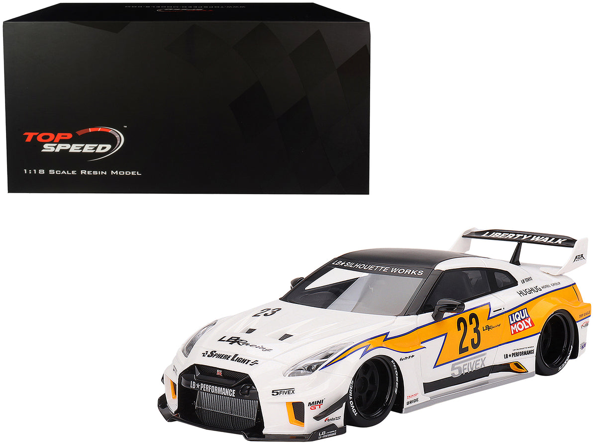 Nissan LB-Silhouette WORKS GT 35GT-RR Ver.1 RHD (Right Hand Drive) #23 White with Yellow Stripes 'LB Racing' 1/18 Model Car by Top Speed