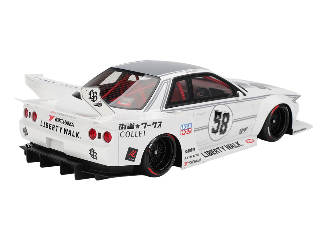 Nissan Skyline GT-R (R32) RHD (Right Hand Drive) #58 'LBWK - Kaido Works' White with Gray Stripes and Graphics 'Tokyo Auto Salon (TAS) 2025' 1/18 Model Car by Top Speed
