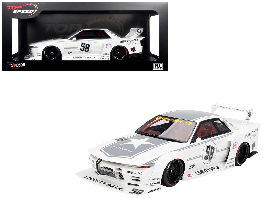 Nissan Skyline GT-R (R32) RHD (Right Hand Drive) #58 'LBWK - Kaido Works' White with Gray Stripes and Graphics 'Tokyo Auto Salon (TAS) 2025' 1/18 Model Car by Top Speed