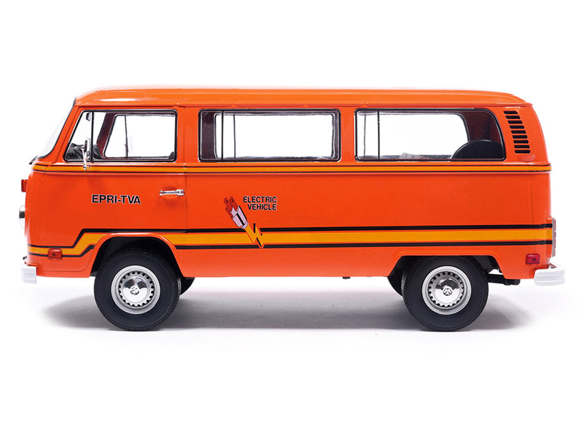 1978 Volkswagen Type 2 Bus 'Elektrotransporter' Orange with Yellow Stripes 1/18 Diecast Model by IXO Models