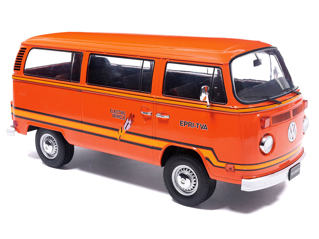 1978 Volkswagen Type 2 Bus 'Elektrotransporter' Orange with Yellow Stripes 1/18 Diecast Model by IXO Models