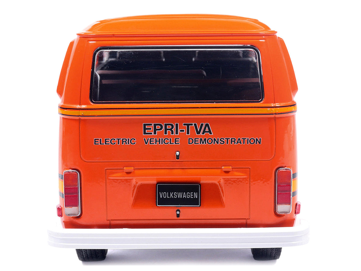 1978 Volkswagen Type 2 Bus 'Elektrotransporter' Orange with Yellow Stripes 1/18 Diecast Model by IXO Models