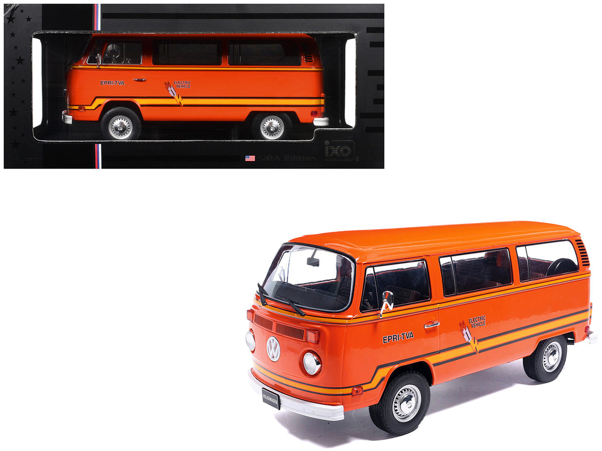 1978 Volkswagen Type 2 Bus 'Elektrotransporter' Orange with Yellow Stripes 1/18 Diecast Model by IXO Models