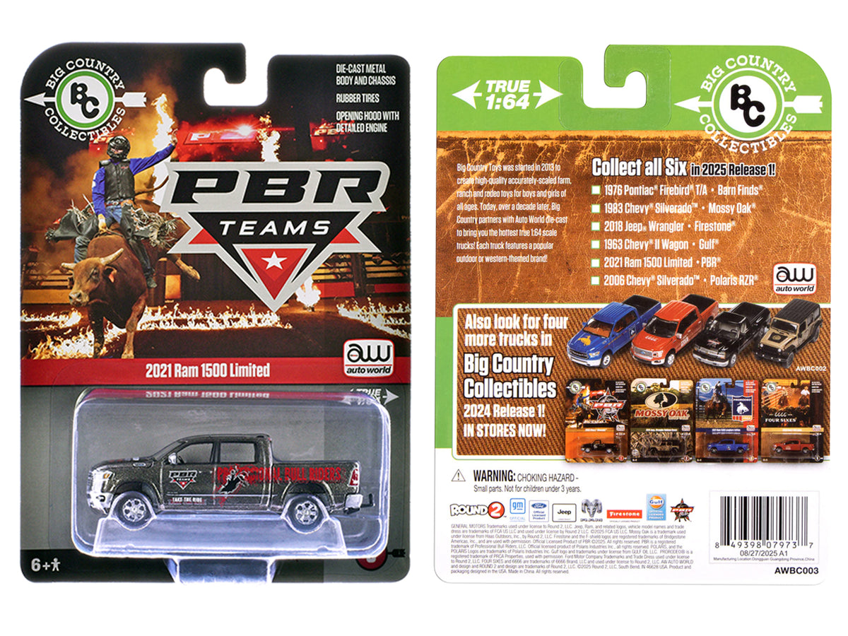 2021 Ram 1500 Limited Pickup Truck 'PBR (Professional Bull Riders)' Gray Metallic with Graphics 'Big Country Collectibles' 2025 Series 1/64 Diecast Model Car by Auto World