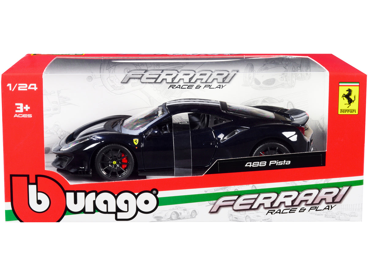 Ferrari 488 Pista Dark Blue Metallic with Silver Stripes 1/24 Diecast Model Car by Bburago