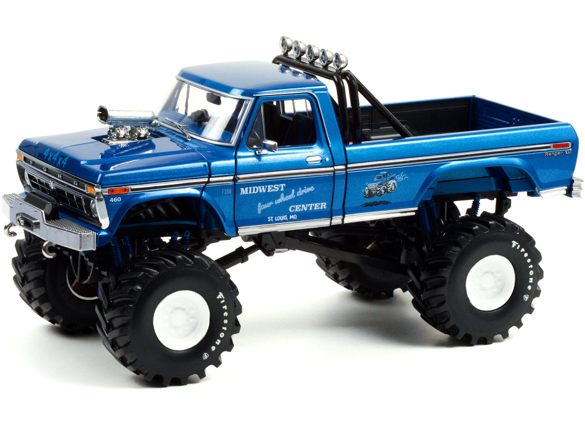 1974 Ford F-250 Ranger XLT Monster Truck with 48-Inch Tires Blue Metallic 'Midwest Four Wheel Drive Center' 'Kings of Crunch' Series 1/18 Diecast Model Car by Greenlight