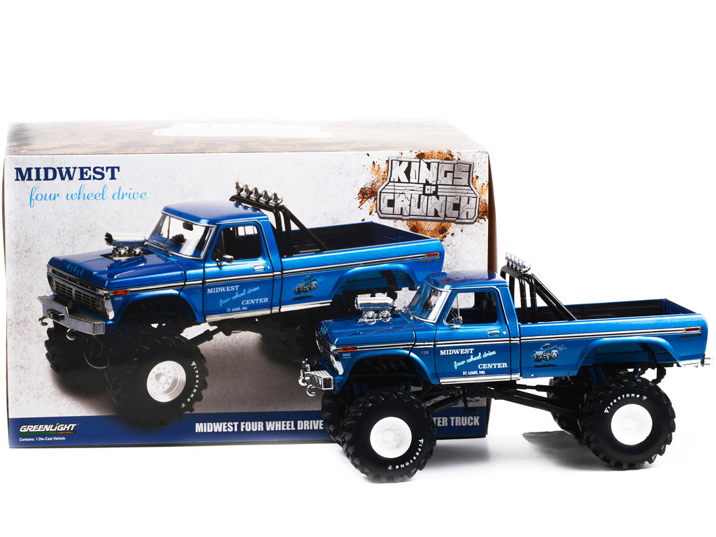 1974 Ford F-250 Ranger XLT Monster Truck with 48-Inch Tires Blue Metallic 'Midwest Four Wheel Drive Center' 'Kings of Crunch' Series 1/18 Diecast Model Car by Greenlight