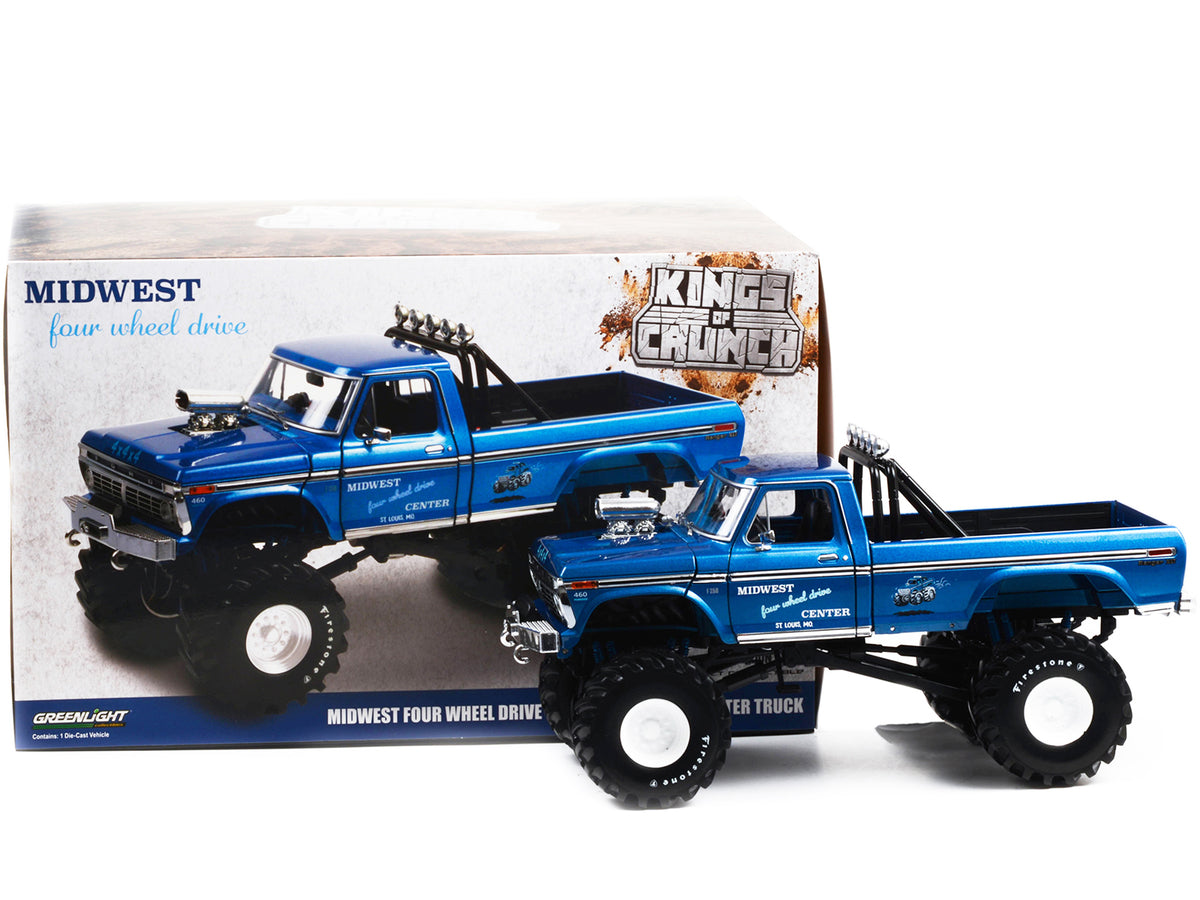 1974 Ford F-250 Ranger XLT Monster Truck with 48-Inch Tires Blue Metallic 'Midwest Four Wheel Drive Center' 'Kings of Crunch' Series 1/18 Diecast Model Car by Greenlight